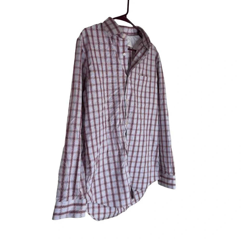 Banana Republic Shirt Mens Medium Red White Blue Plaid Non-Iron Classic Fit Long